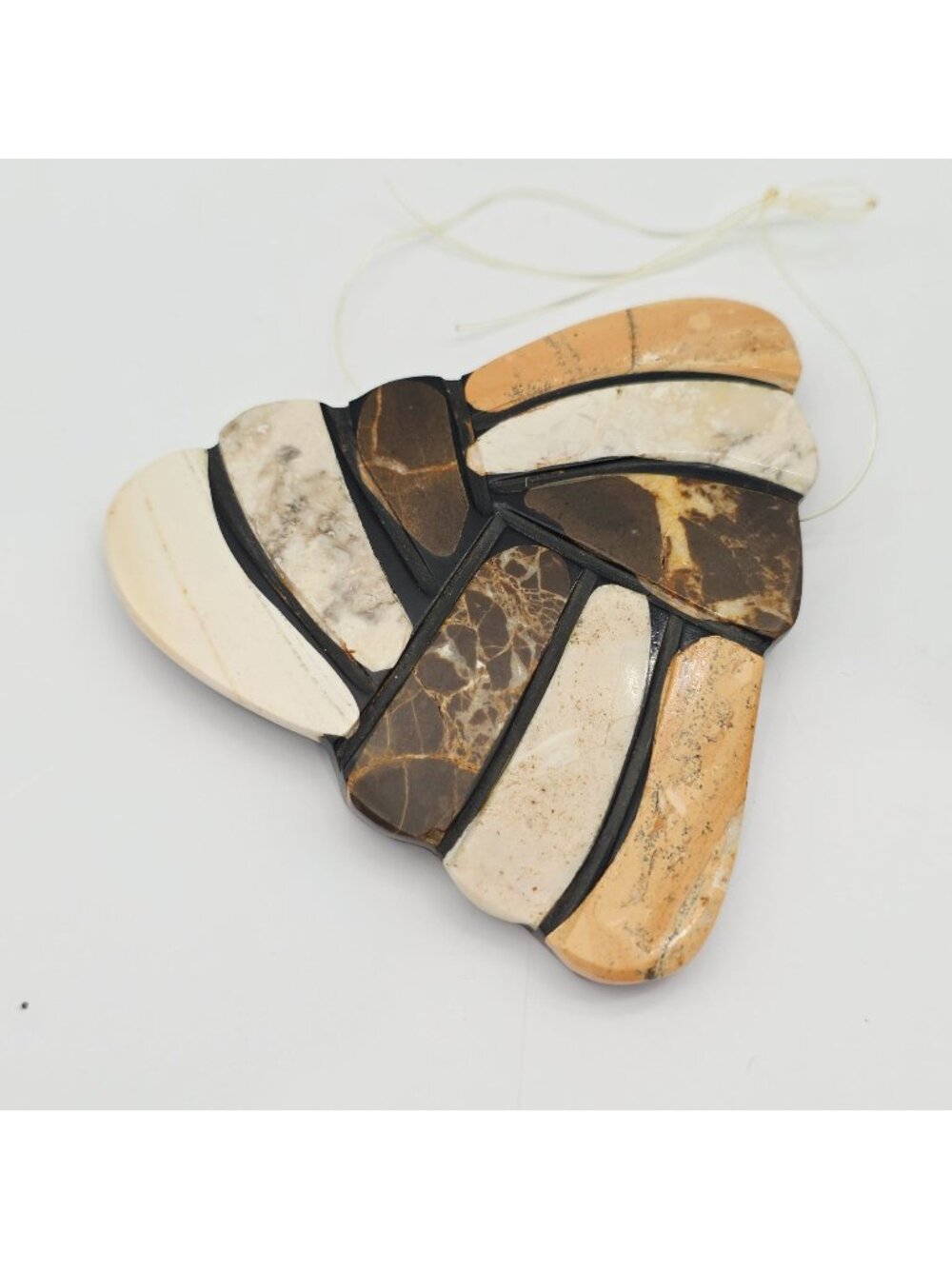 Natural Stone Mosaic Pendant Necklace Brown Tan White Handmade 2.5"